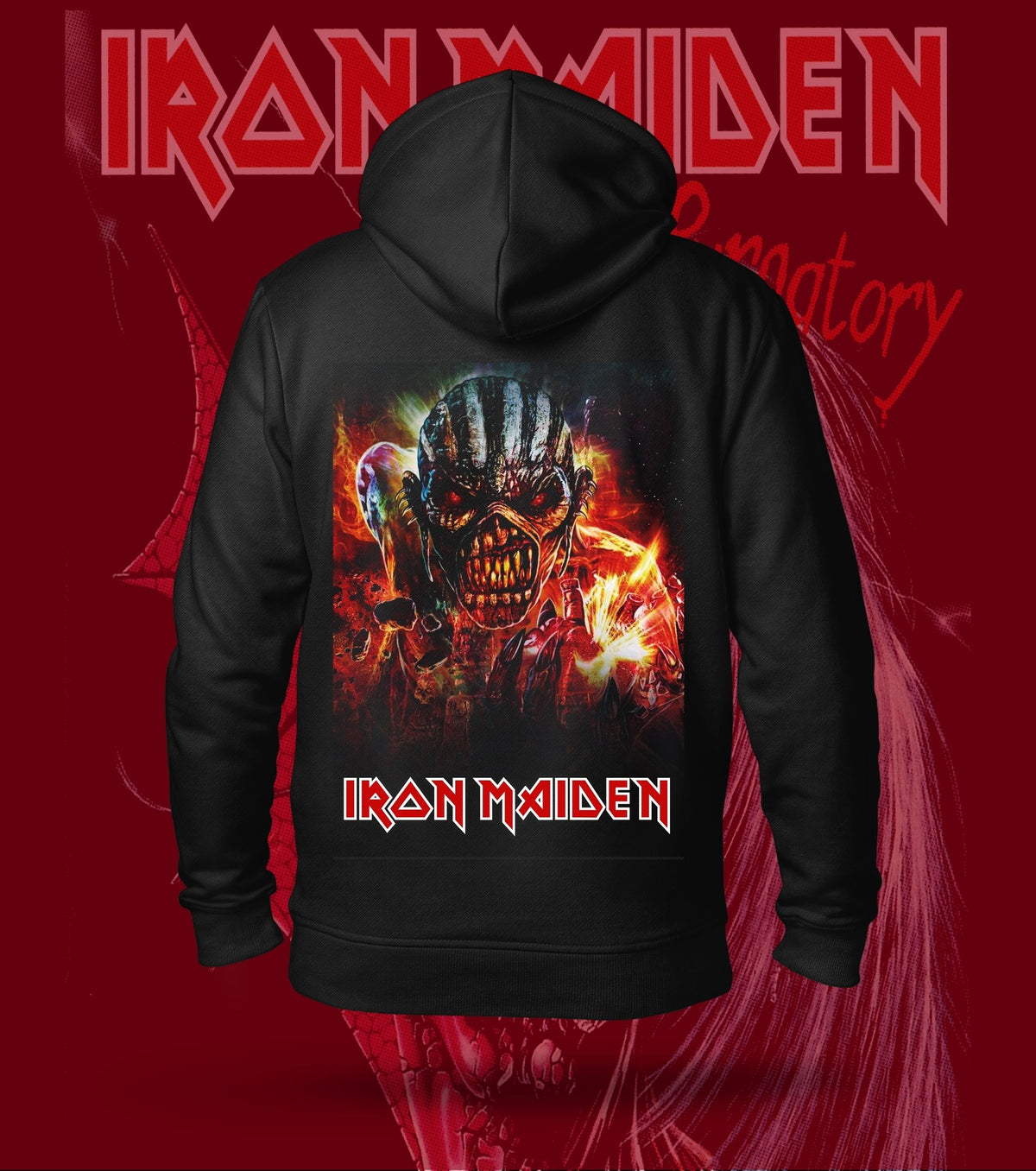 Iron Maiden Flaming Eddie Hoodie – 300 GSM Heavyweight Cotton – Black back print
