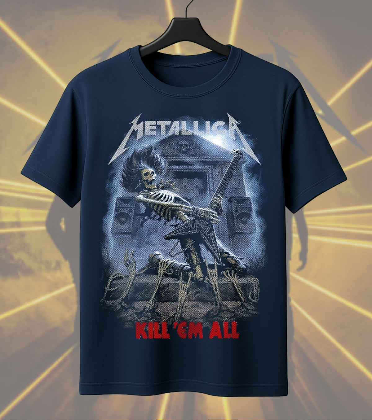 Metallica Skeleton Guitarist Graphic T-Shirt | Kill 'Em All Inspired Heavy Metal Rock Band Tee | Premium Cotton Unisex Regular T-Shirt