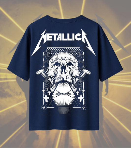 Metallica Death Magnetic Skull Graphic T-Shirt | Coffin Skull Artwork | Premium Cotton Unisex Oversized T-Shirt | Navy