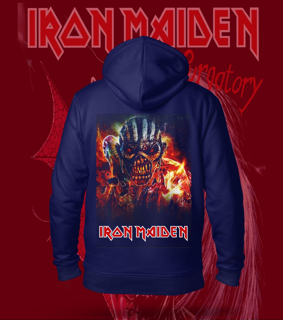 Iron Maiden Flaming Eddie Hoodie – 300 GSM Heavyweight Cotton – Navy back print