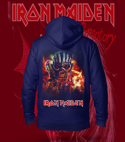 Iron Maiden Flaming Eddie Hoodie – 300 GSM Heavyweight Cotton – Navy back print