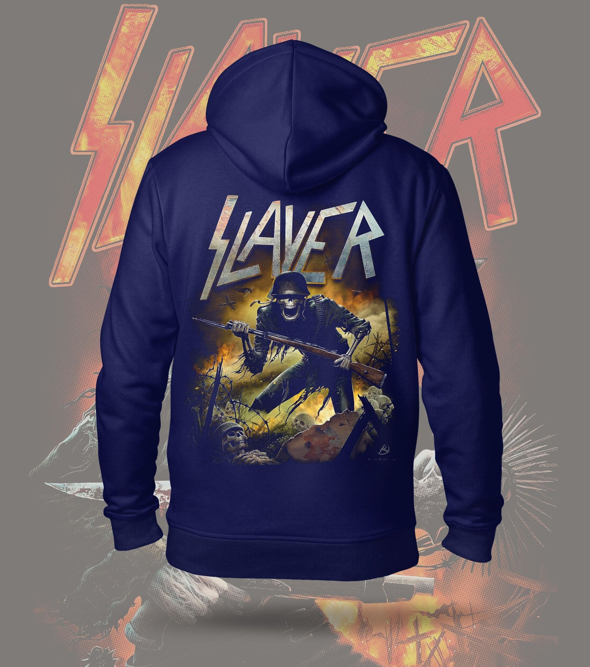 Slayer Gothic Reaper Graphic Hoodie – 300 GSM Heavyweight Cotton – Navy back print