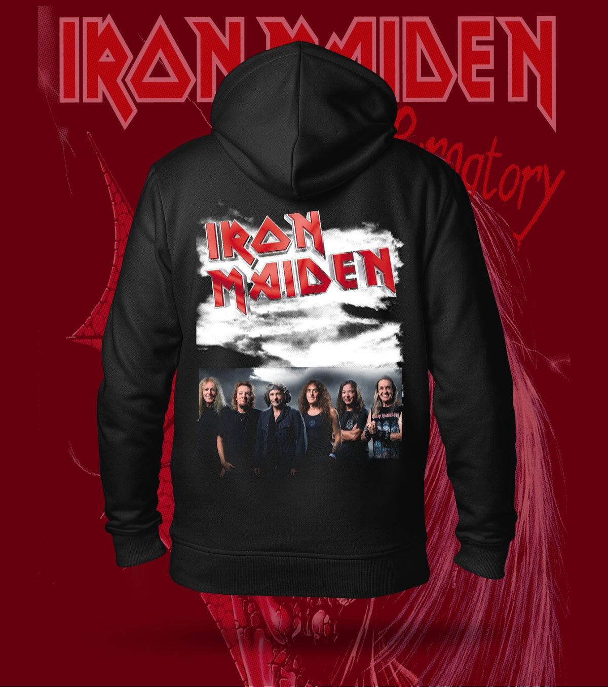 Iron Maiden Band Lineup Photo Hoodie – 300 GSM Heavyweight Cotton – Black back print