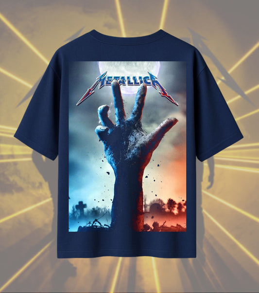 Metallica Raised Hand Graphic T-Shirt | Dramatic Rock Concert Artwork | Premium Cotton Unisex Oversized T-Shirt | Navy