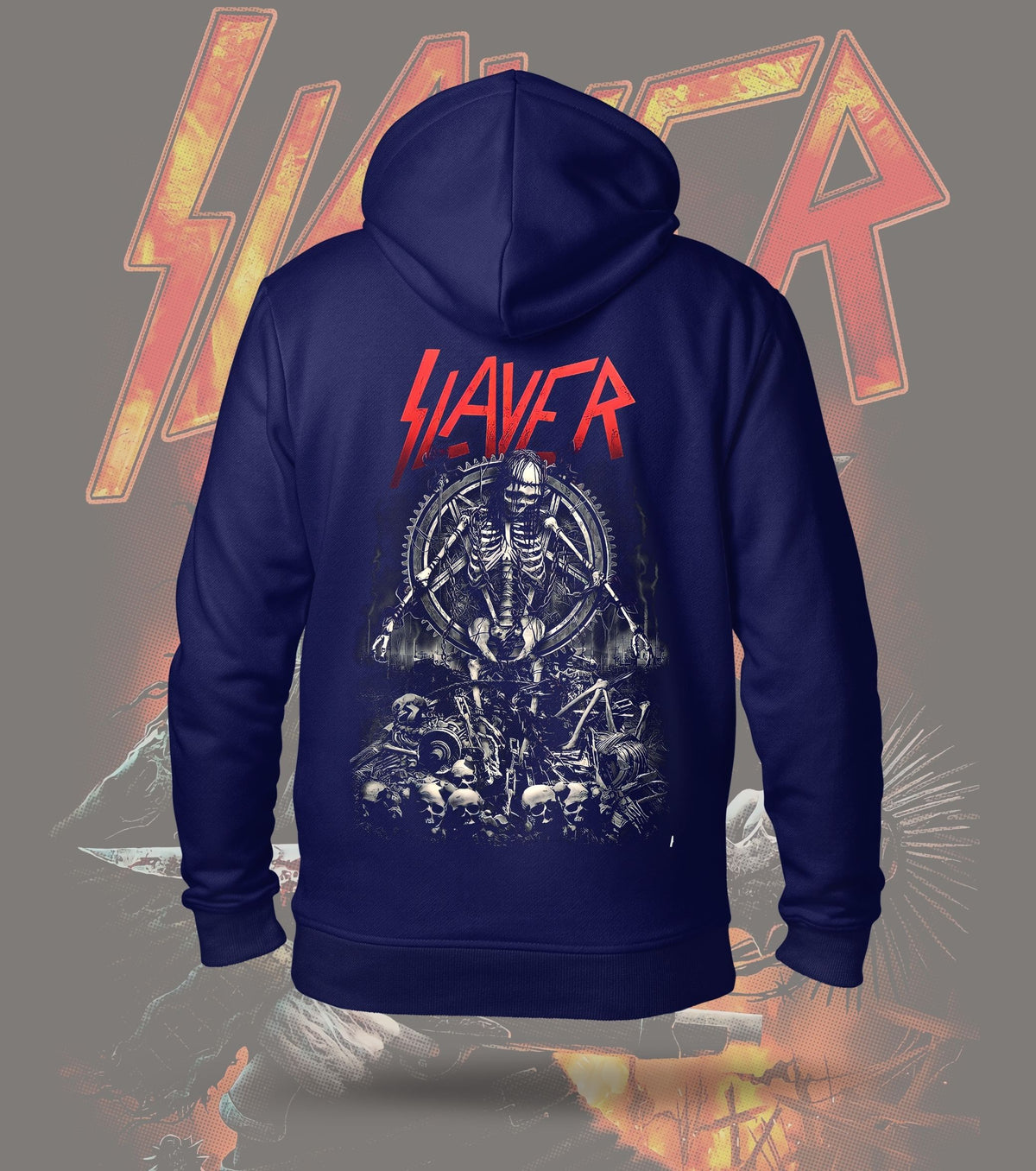 Slayer Skeleton Engraving Graphic Hoodie – 300 GSM Heavyweight Cotton – Navy back print