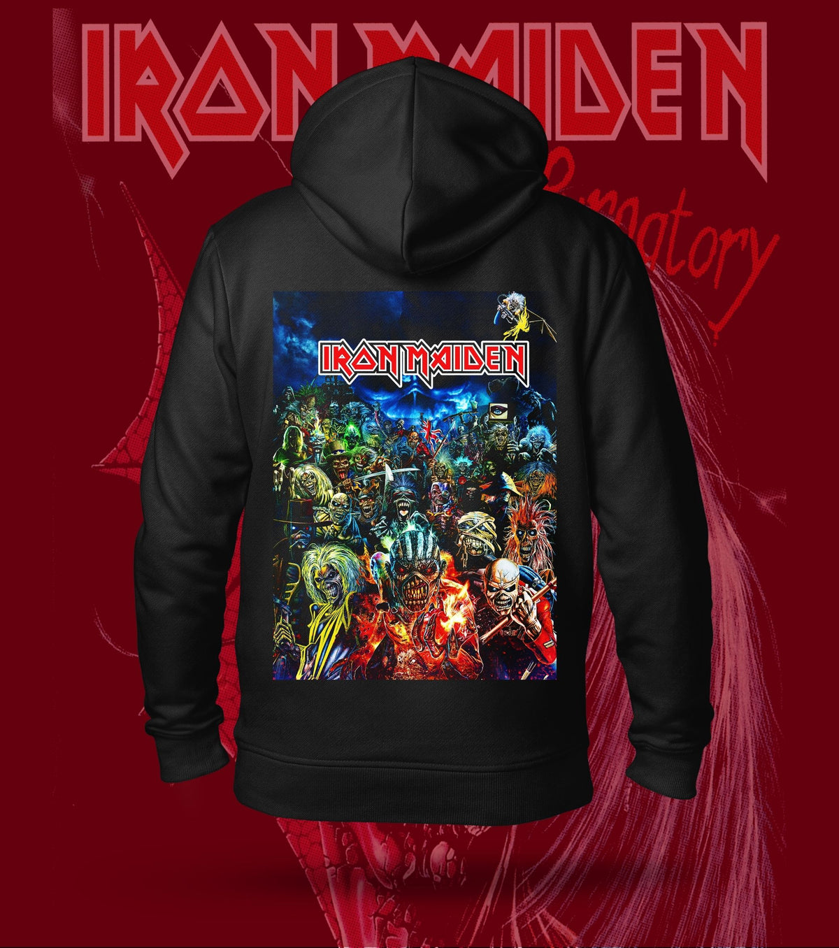 Iron Maiden Eddie Multiverse Collage Hoodie – 300 GSM Cotton – Black back print