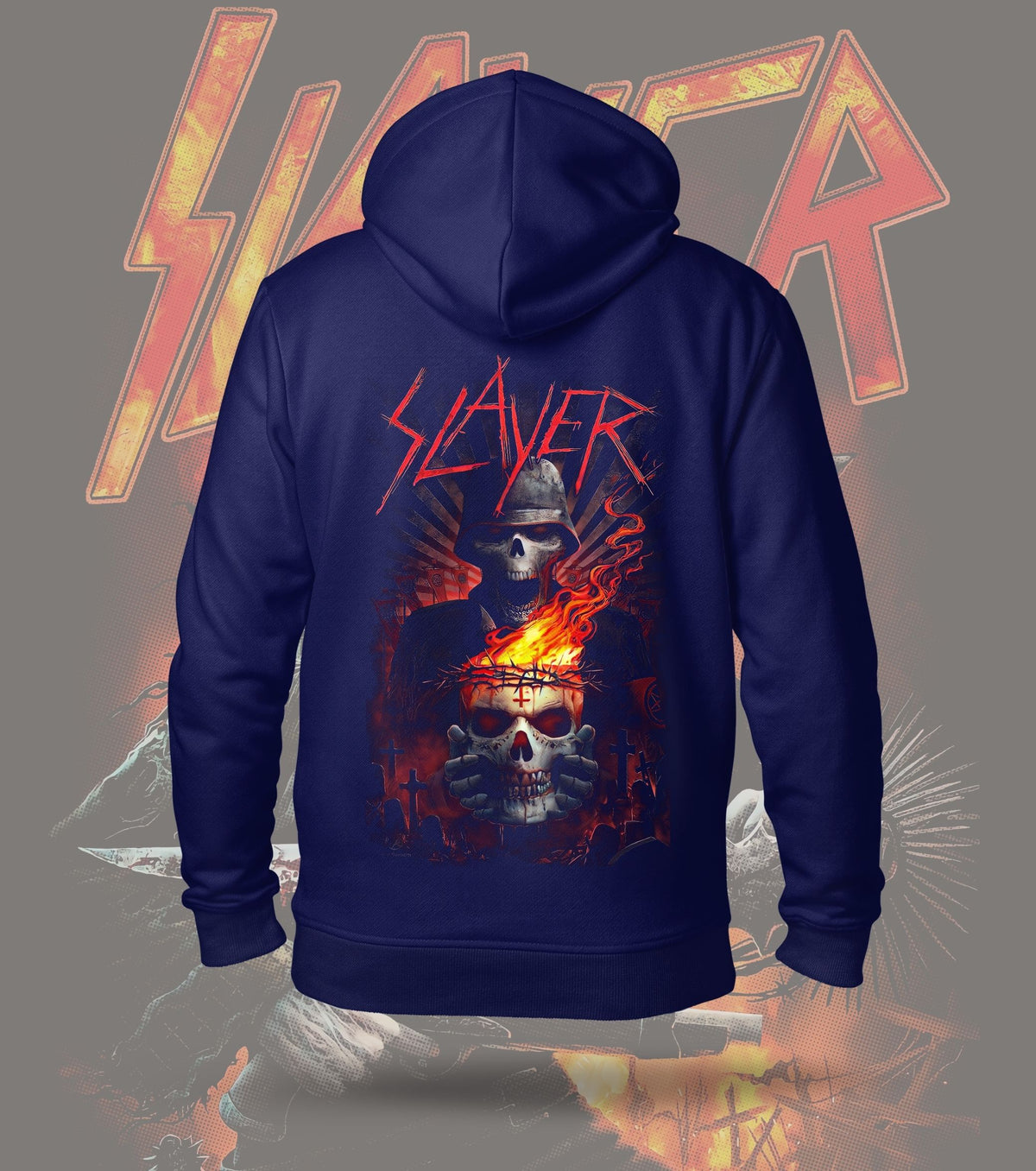 Slayer Skullfire Graphic Hoodie – 300 GSM Heavyweight Cotton – Navy back print