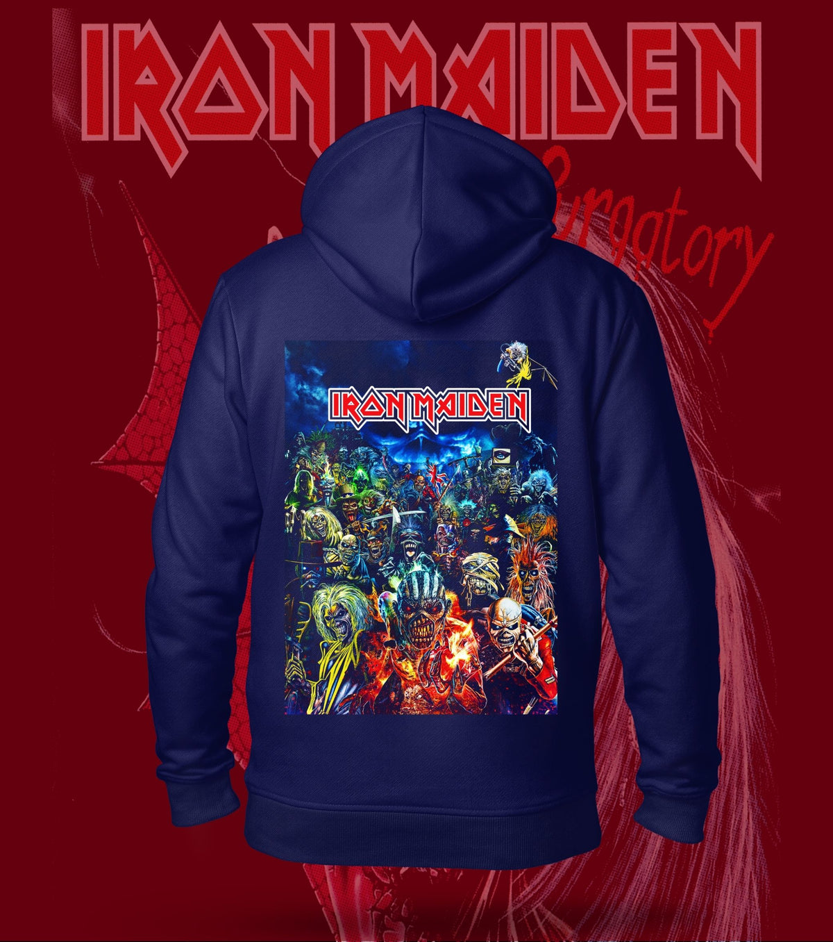 Iron Maiden Eddie Multiverse Collage Hoodie – 300 GSM Cotton – Navy back print