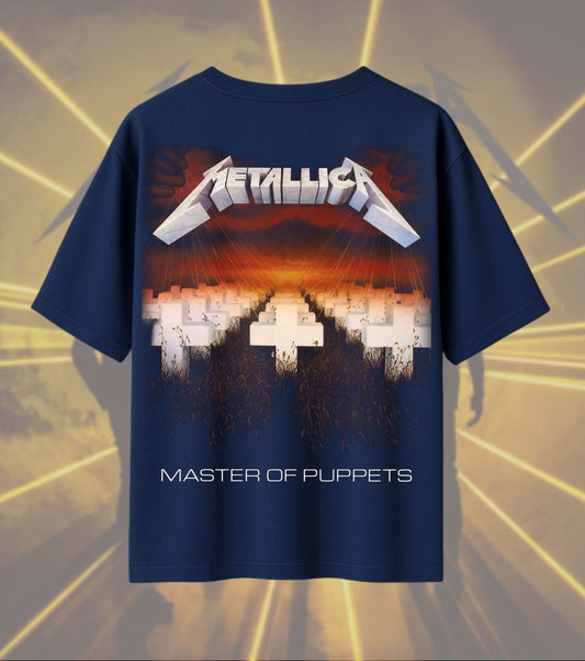 Metallica Master of Puppets Graphic T-Shirt | Crosses & Stage Artwork | Premium Cotton Unisex Oversized T-Shirt | Navy