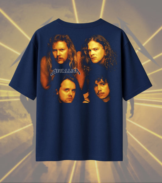 Metallica Classic Band Portrait Graphic T-Shirt | Vintage Band Photo Artwork | Premium Cotton Unisex Oversized T-Shirt | Navy