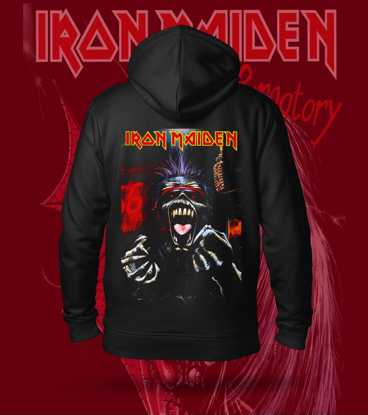 Iron Maiden Screaming Eddie Hoodie – 300 GSM Heavyweight Cotton – Black back print