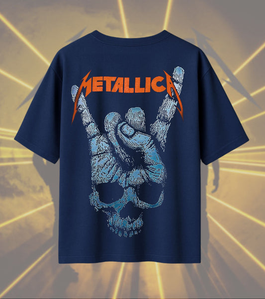 Metallica Skeleton Crew Graphic T-Shirt | Blue Skeleton Skull Artwork | Premium Cotton Unisex Oversized T-Shirt | Navy