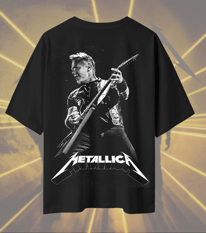 Metallica James Hetfield Guitar Graphic T-Shirt | Monochrome Live Performance Artwork | Premium Cotton Unisex Oversized T-Shirt | Black