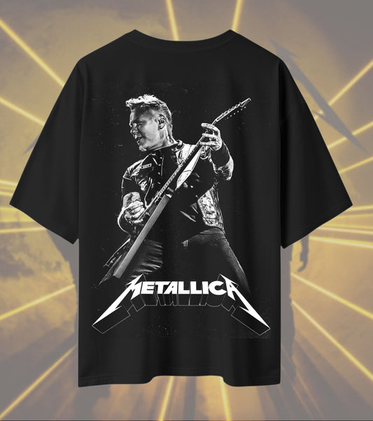 Metallica James Hetfield Guitar Graphic T-Shirt | Monochrome Live Performance Artwork | Premium Cotton Unisex Oversized T-Shirt | Black