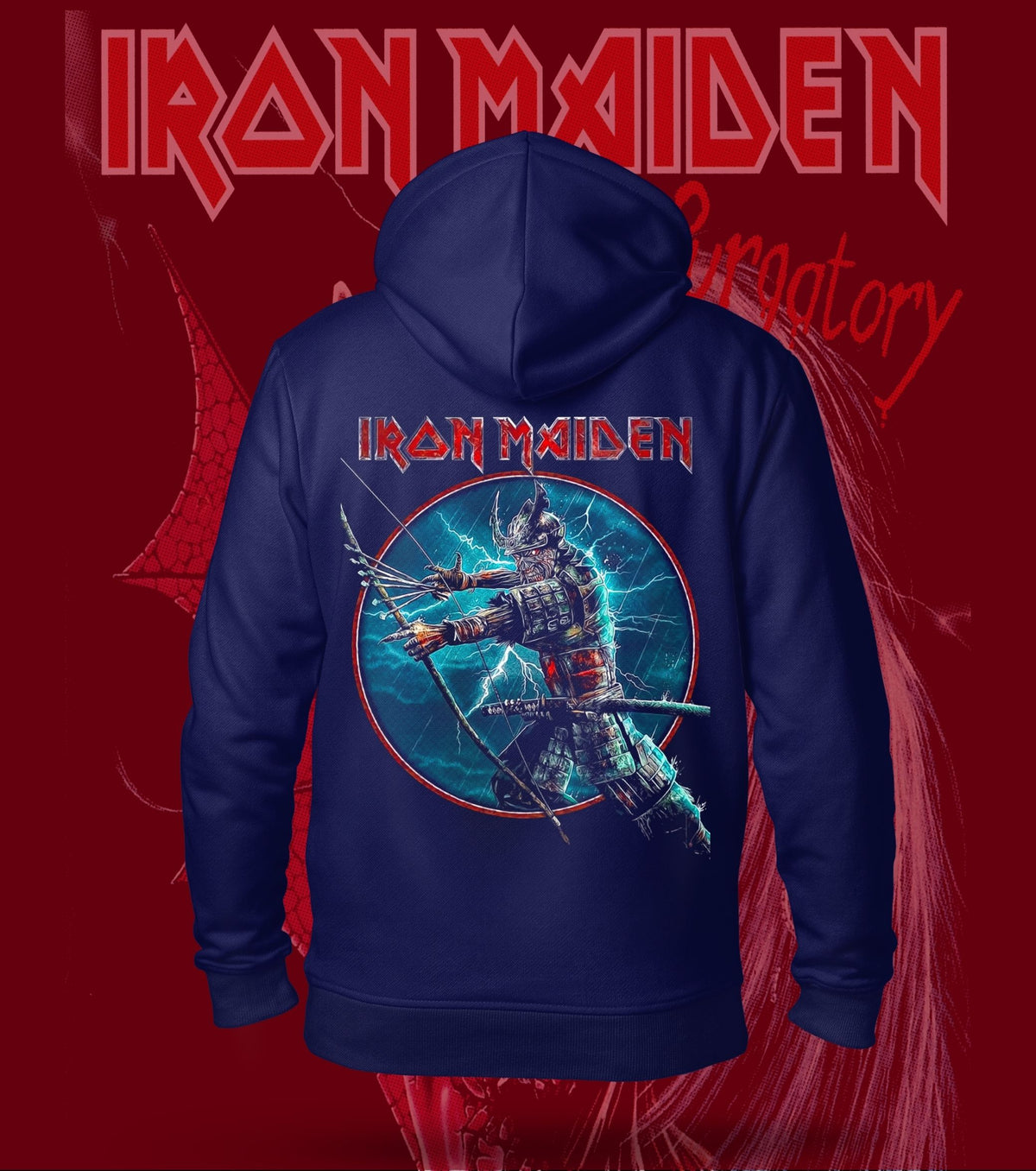 Iron Maiden Samurai Eddie Circle Hoodie – 300 GSM Heavyweight Cotton – Navy back print