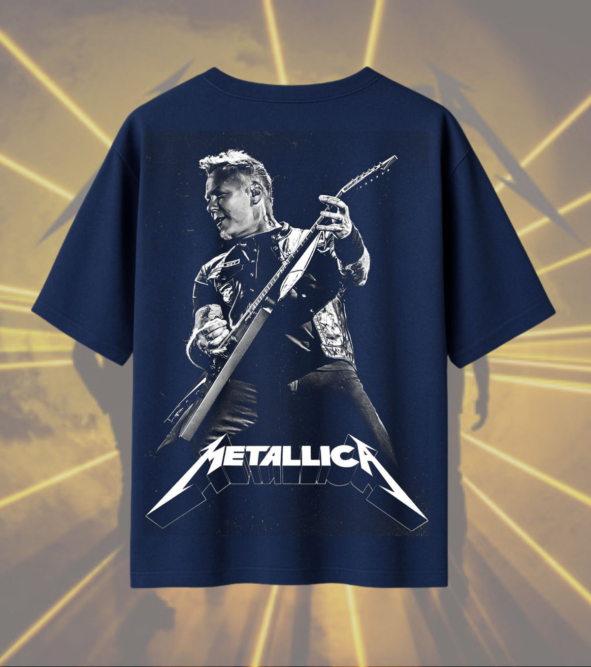 Metallica James Hetfield Guitar Graphic T-Shirt | Monochrome Live Performance Artwork | Premium Cotton Unisex Oversized T-Shirt | Navy