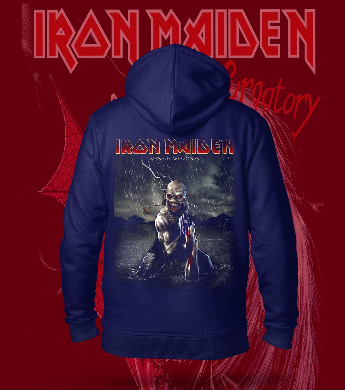 Iron Maiden Manaus Amazonas Eddie Hoodie – 300 GSM Heavyweight Cotton – Navy back print