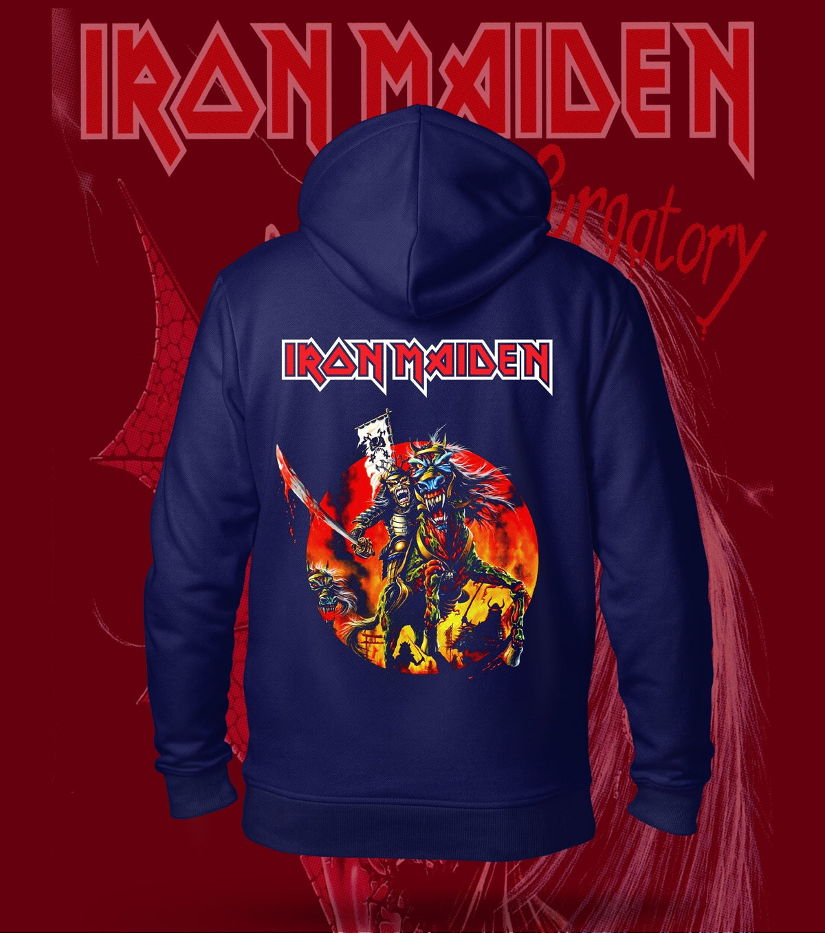 Iron Maiden Infernal Warrior Eddie Hoodie – 300 GSM Heavyweight Cotton – Navy back print