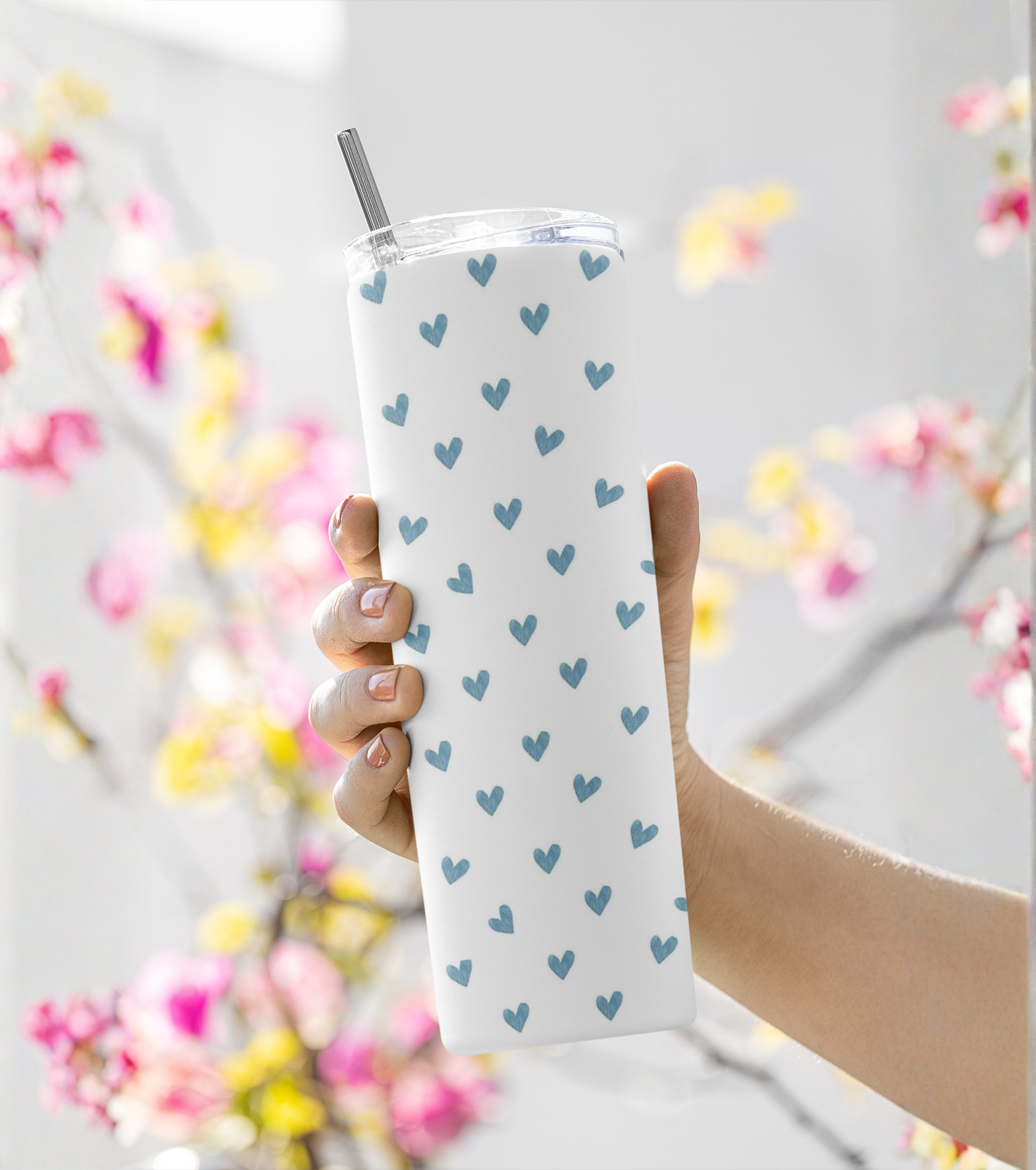 Blue Hearts Pattern Stainless Steel Tumbler – 591 ml