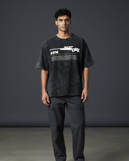 BGMI AWM Sniper Graphic Acid Wash Oversized T-Shirt | Premium 240 GSM Heavyweight Tee