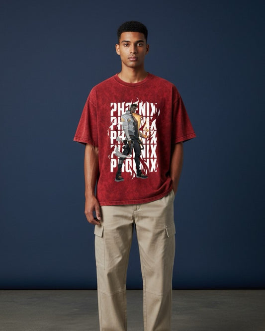 Phoenix | Valorant – Blazing Rebirth 240 GSM Oversized Acid Wash Tee