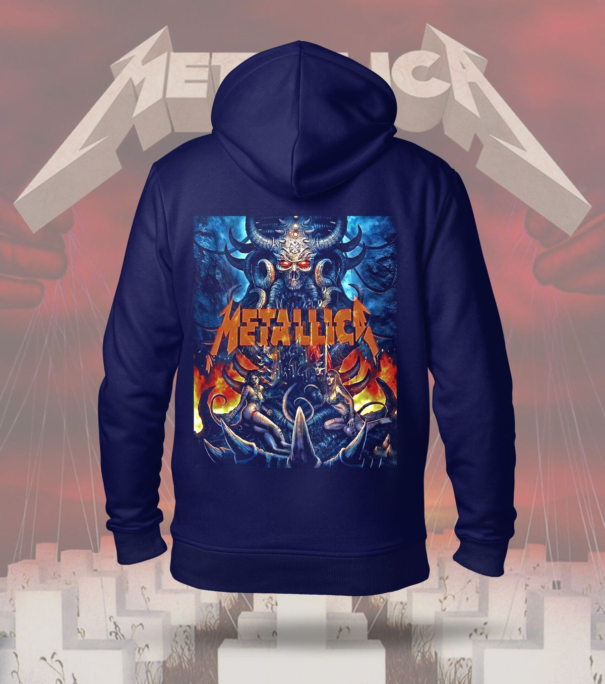 Metallica Inferno Demon Skull Graphic Hoodie – 300 GSM Heavyweight Cotton – Navy back print