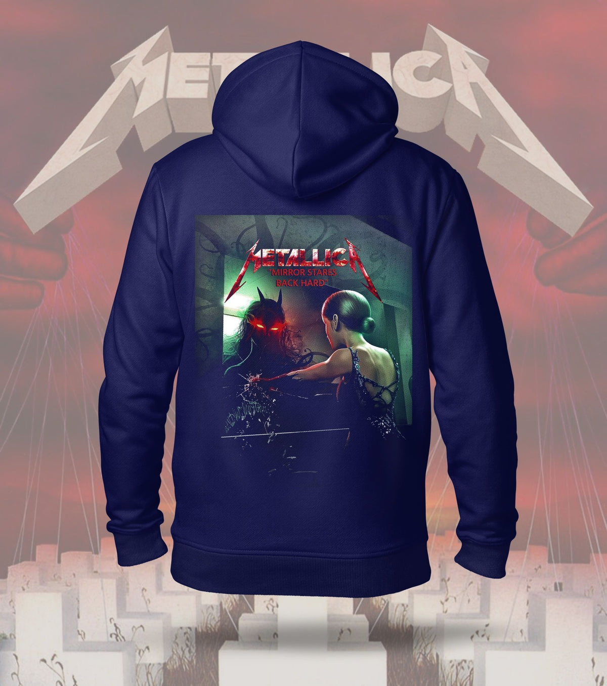 Metallica Dark Figure Graphic Hoodie – 300 GSM Heavyweight Cotton – Navy back print