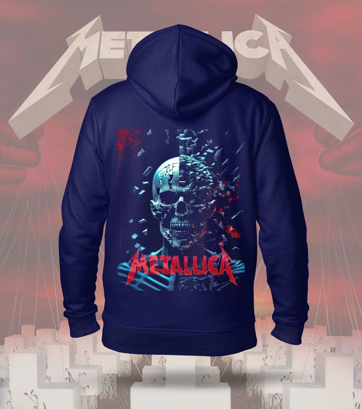 Metallica Glitch Skull Graphic Hoodie – 300 GSM Heavyweight Cotton – Navy back print