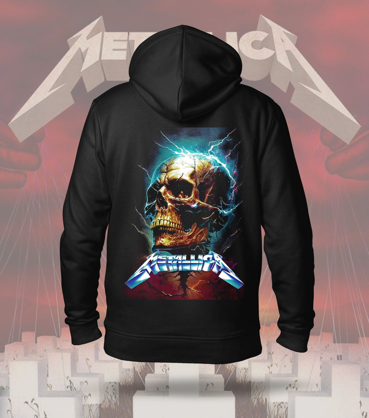 Metallica Electric Skull Lightning Graphic Hoodie – 300 GSM Heavyweight Cotton – Black back print