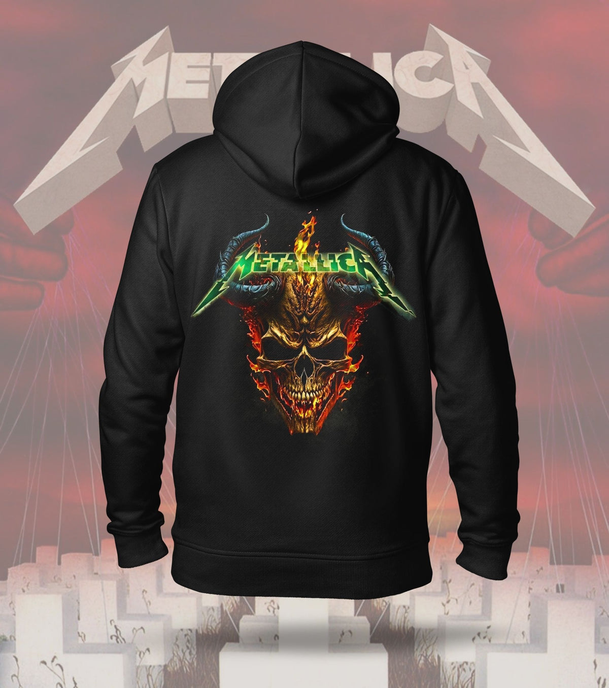 Metallica Inferno Horned Skull Graphic Hoodie – 300 GSM Heavyweight Cotton – Black back print