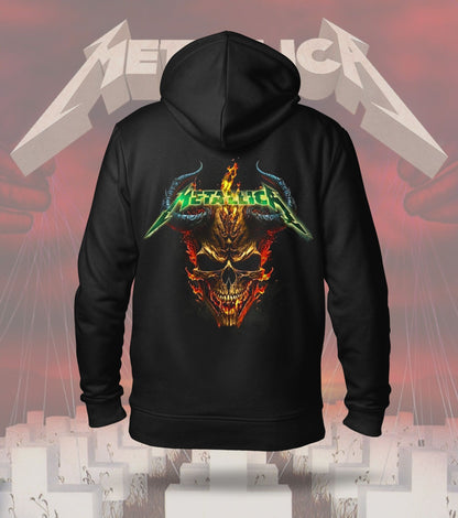 Metallica Inferno Horned Skull Graphic Hoodie – 300 GSM Heavyweight Cotton – Black back print