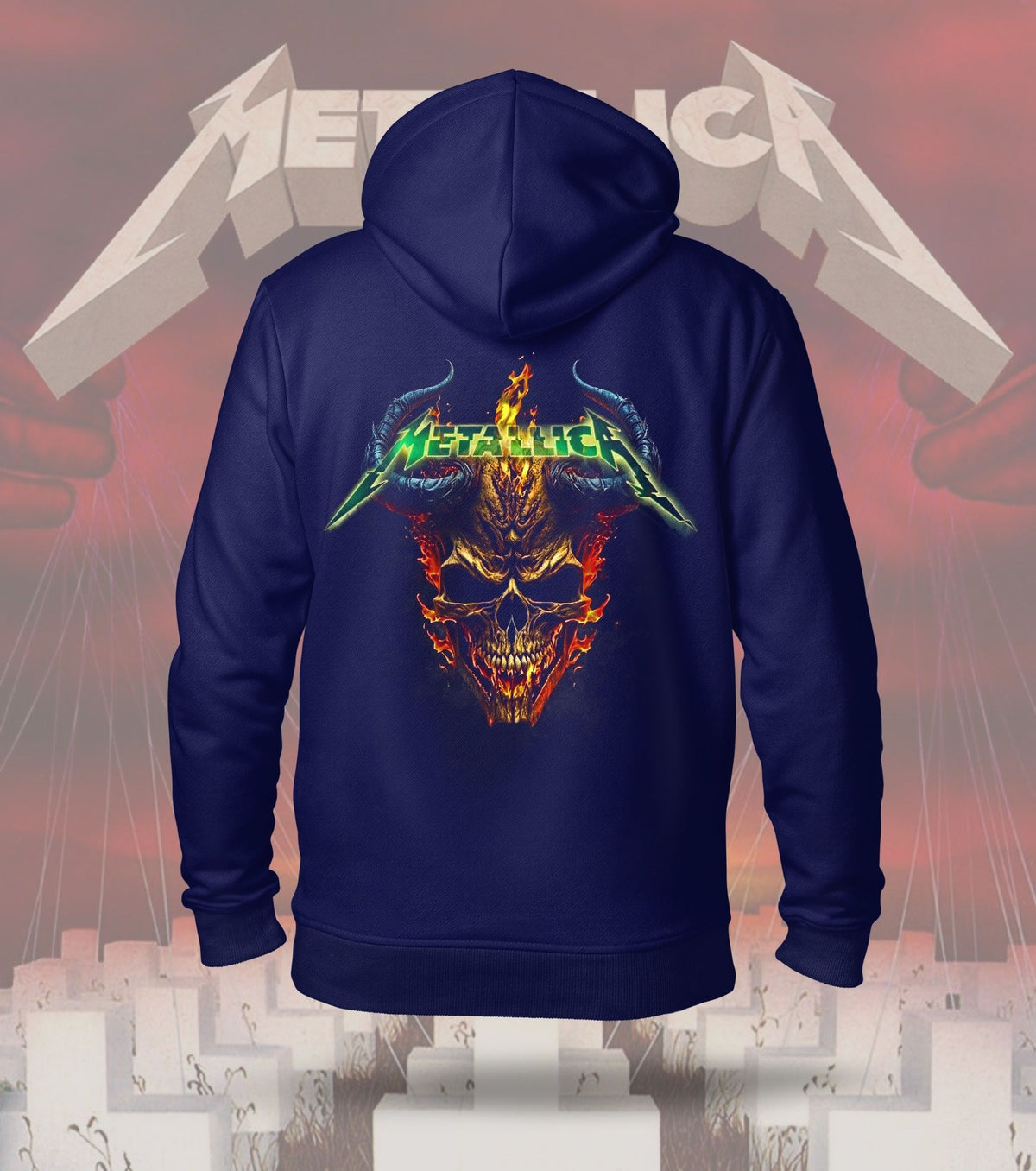 Metallica Inferno Horned Skull Graphic Hoodie – 300 GSM Heavyweight Cotton – Navy back print