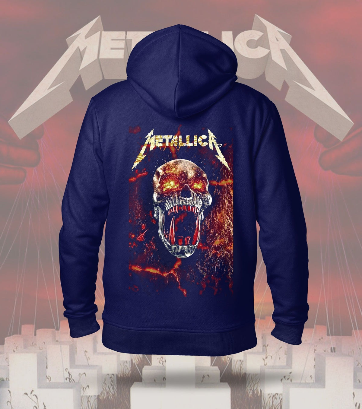 Metallica Flaming Skull Graphic Hoodie – 300 GSM Heavyweight Cotton – Navy back print