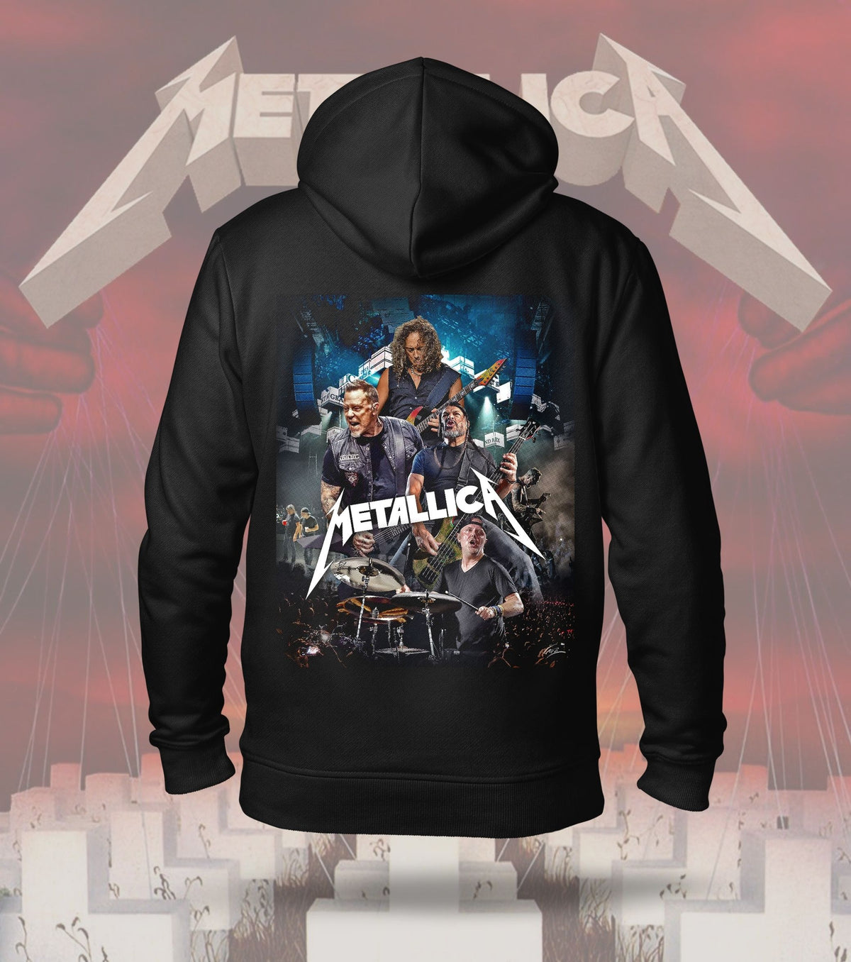 Metallica James Hetfield & Band Portrait Dual Print Hoodie – 300 GSM Heavyweight Cotton – Black back print