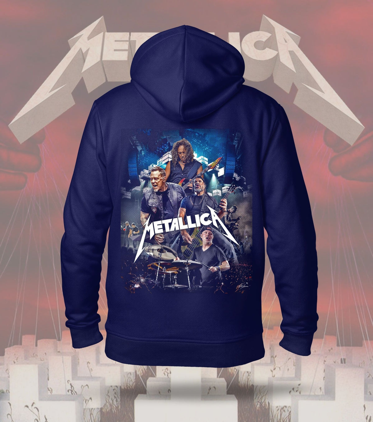 Metallica James Hetfield & Band Portrait Dual Print Hoodie – 300 GSM Heavyweight Cotton – Navy back print