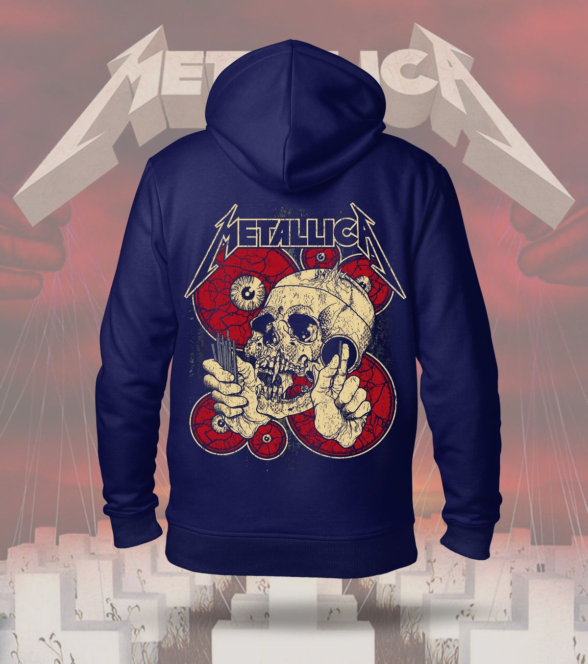 Metallica Skull & Roses Graphic Hoodie – 300 GSM Heavyweight Cotton – Navy back print