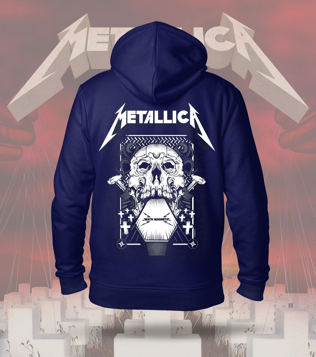 Metallica Graveyard Skull Graphic Hoodie – 300 GSM Heavyweight Cotton – Navy back print