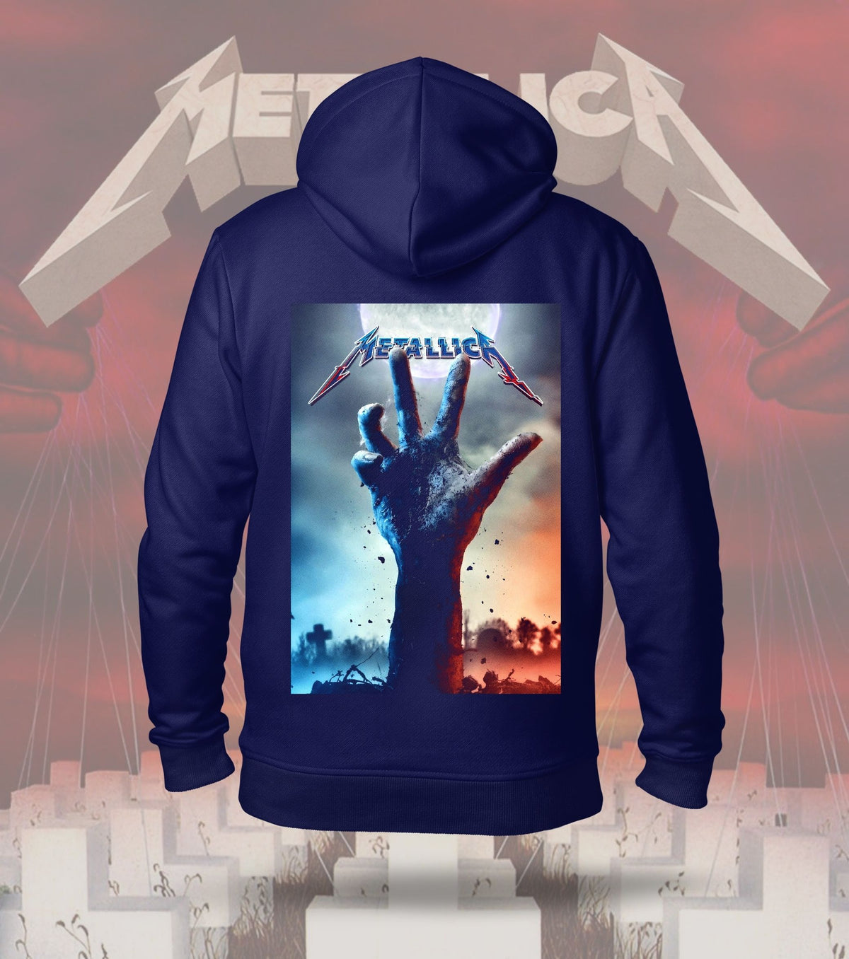 Metallica Rising Dead Hand Graphic Hoodie – 300 GSM Heavyweight Cotton – Navy back print