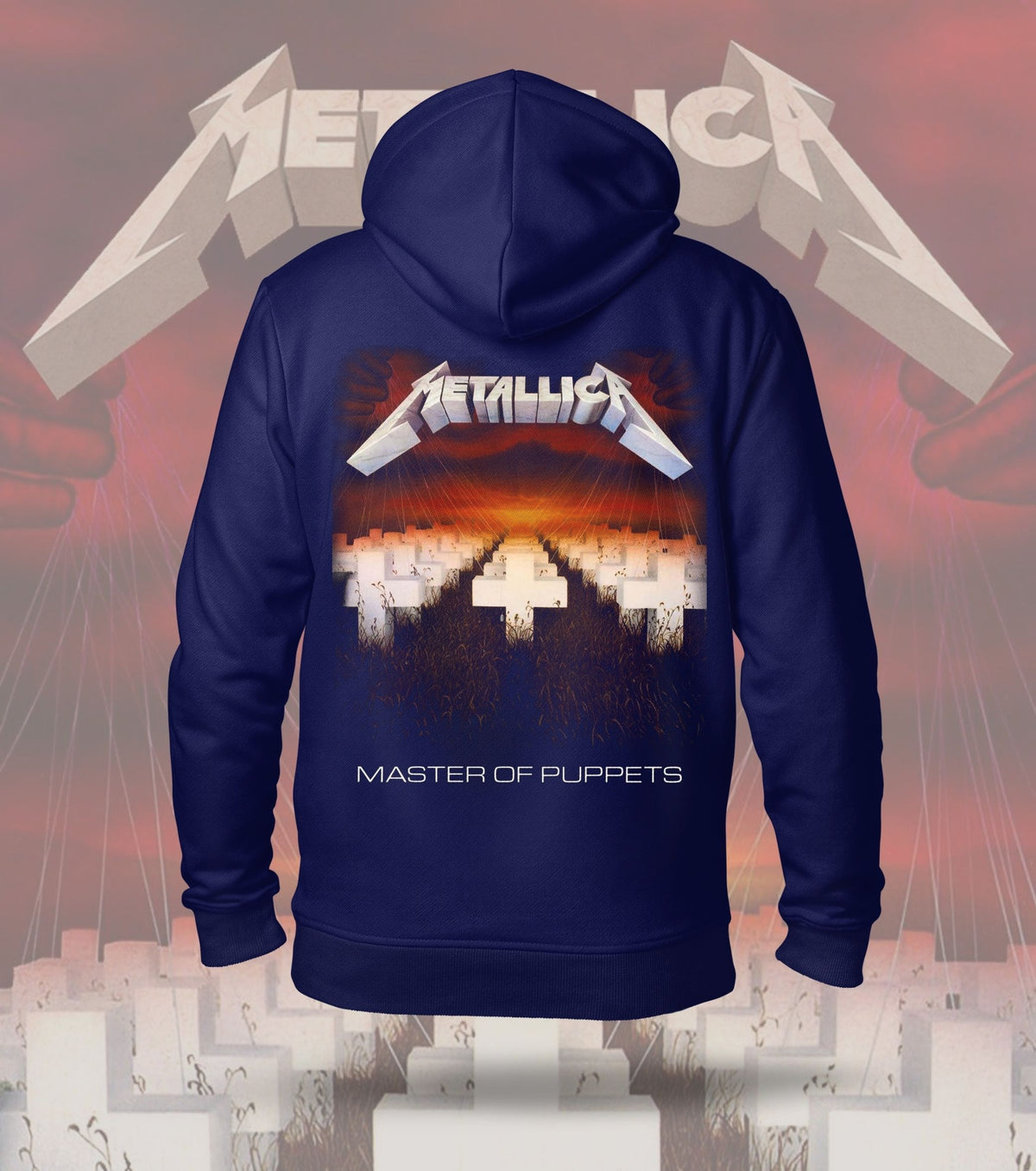 Metallica Band Portrait & Master of Puppets Dual Print Hoodie – 300 GSM Heavyweight Cotton – Navy back print