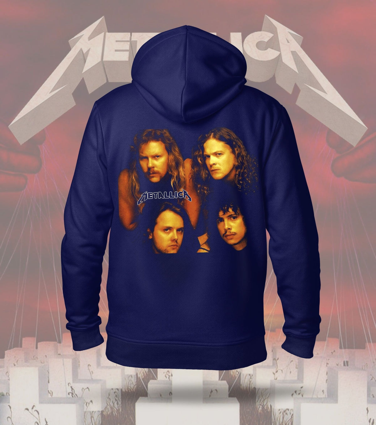Metallica Band Portrait Graphic Hoodie – 300 GSM Heavyweight Cotton – Navy back print