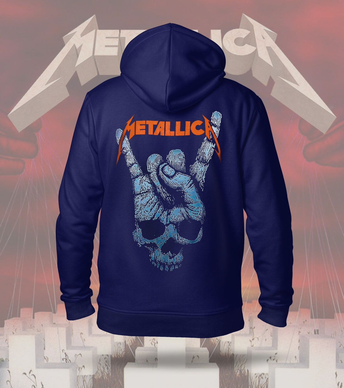 Metallica Bone Hand Graphic Hoodie – 300 GSM Heavyweight Cotton – Navy back print