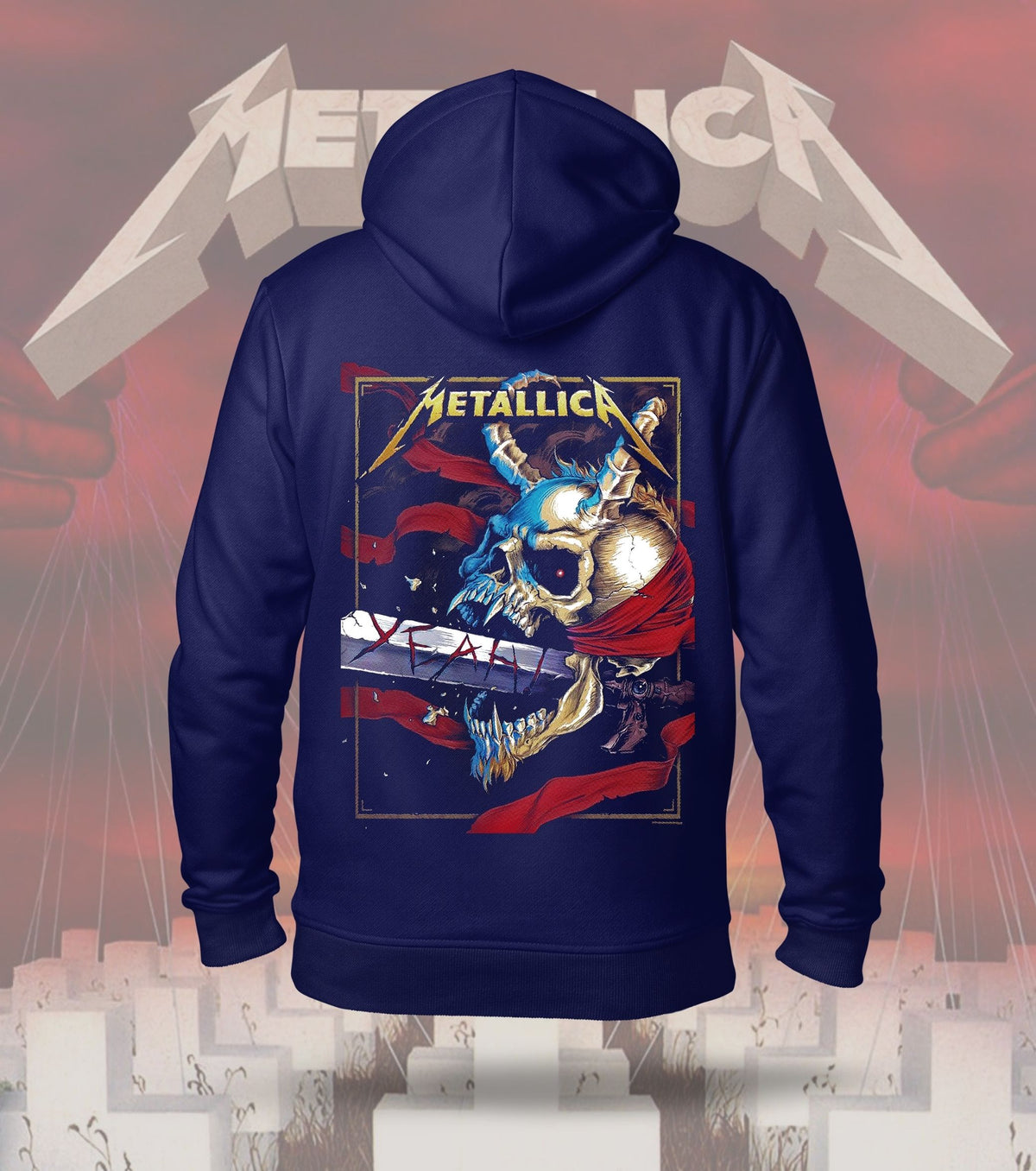 Metallica Skull Warrior Graphic Hoodie – 300 GSM Heavyweight Cotton – Navy back print