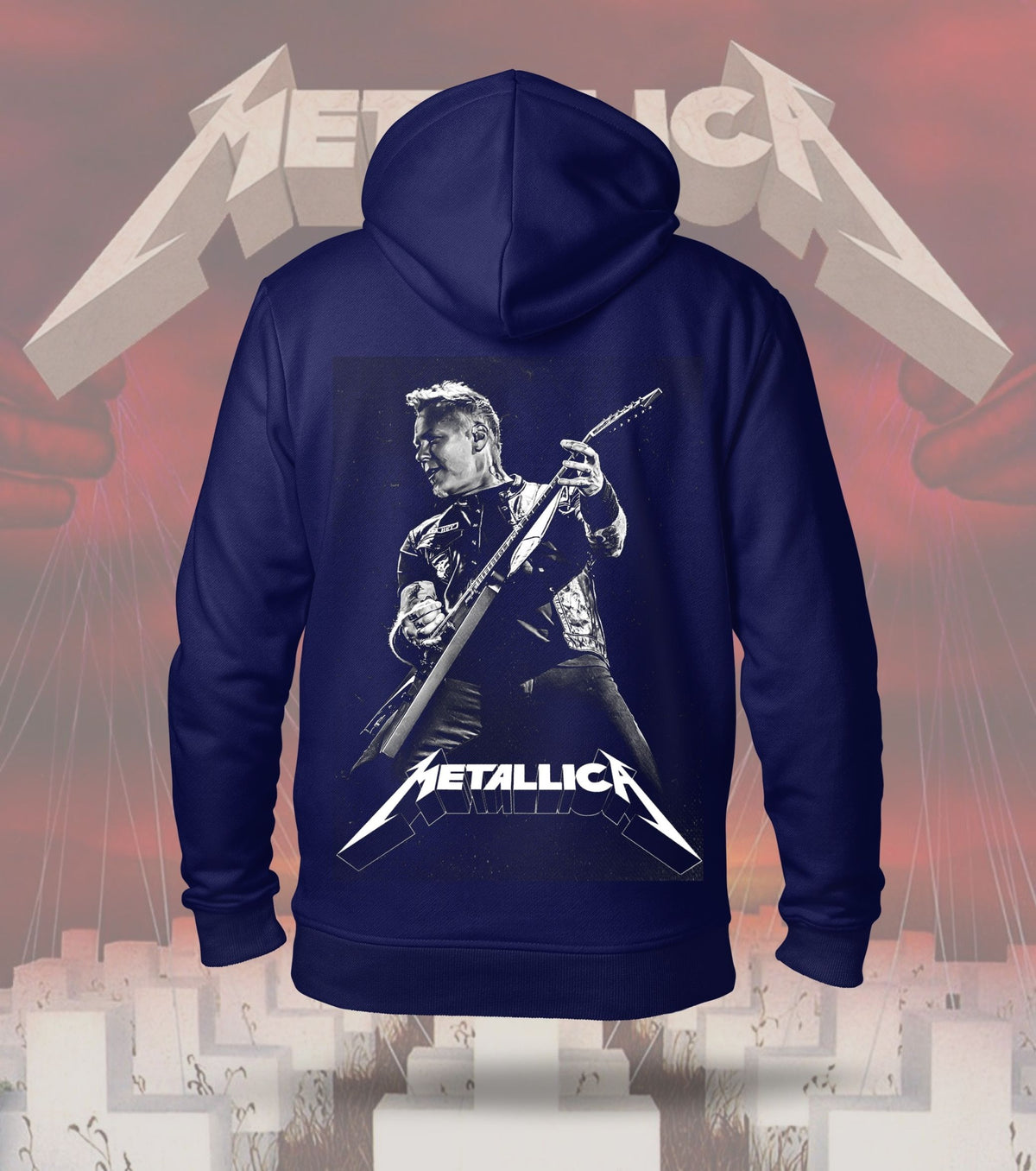 Metallica Live Guitarist Portrait Graphic Hoodie – 300 GSM Heavyweight Cotton – Navy back print