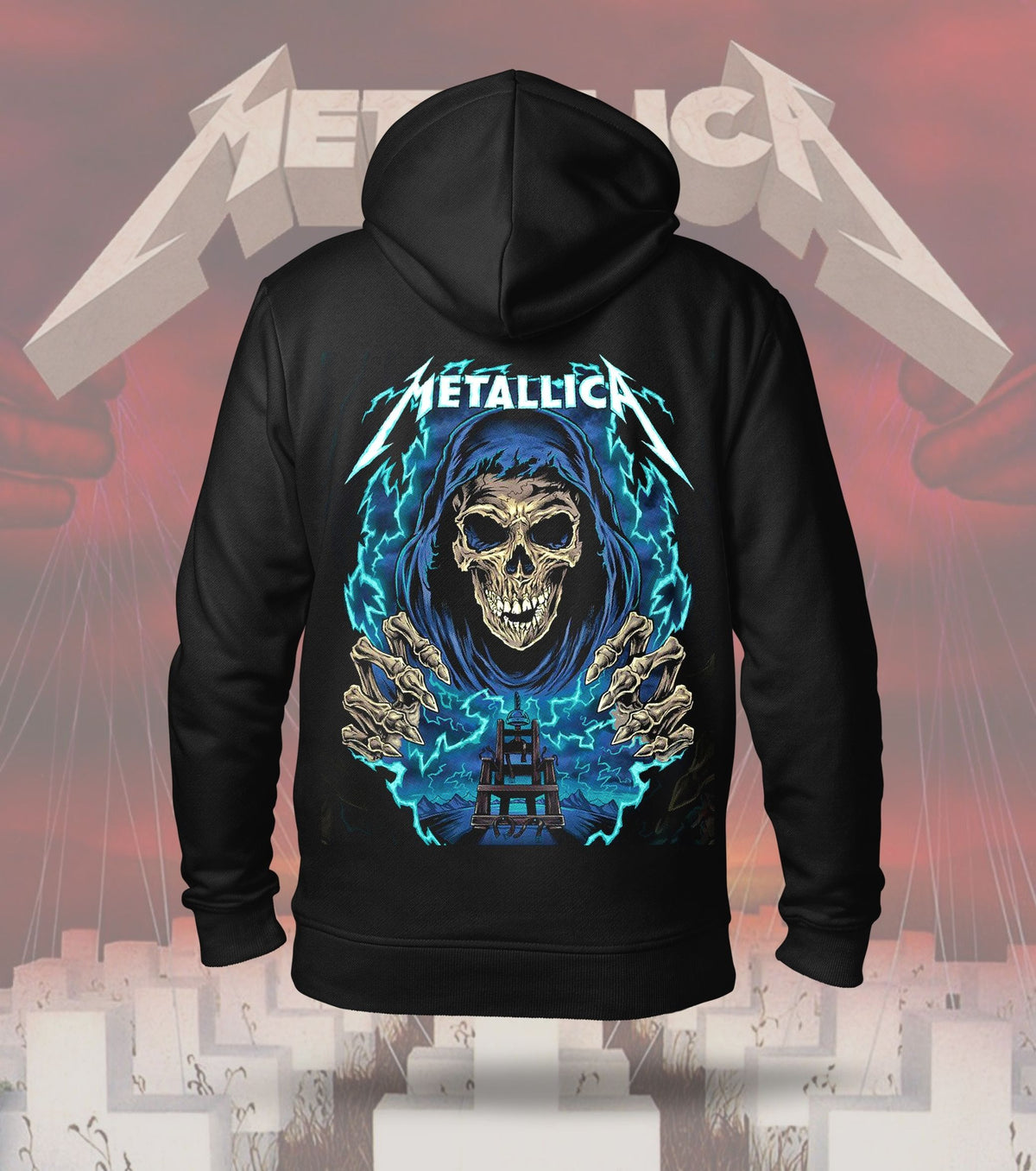 Metallica Blue Flame Skull Graphic Hoodie – 300 GSM Heavyweight Cotton – Black back print