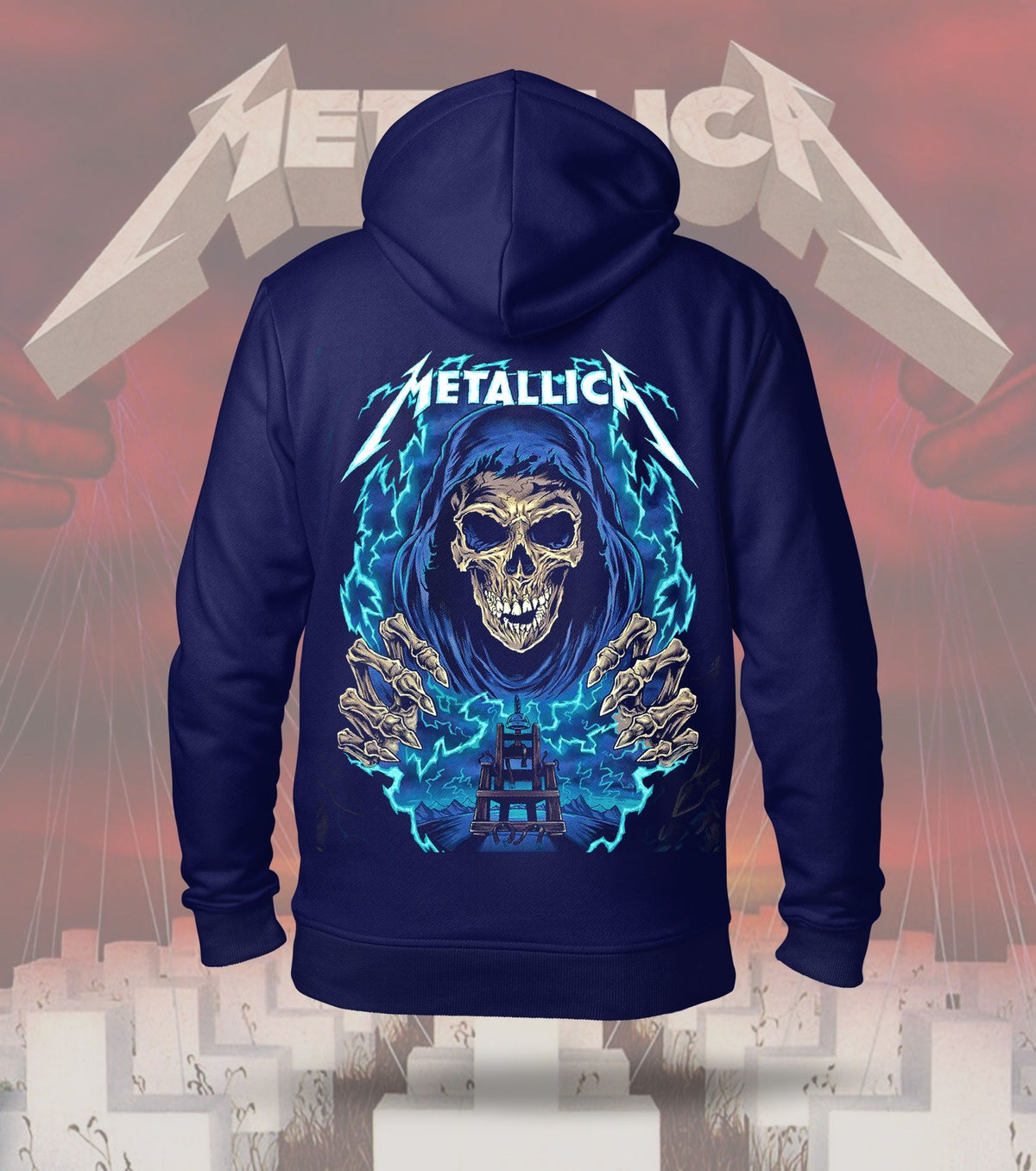 Metallica Blue Flame Skull Graphic Hoodie – 300 GSM Heavyweight Cotton – Navy back print
