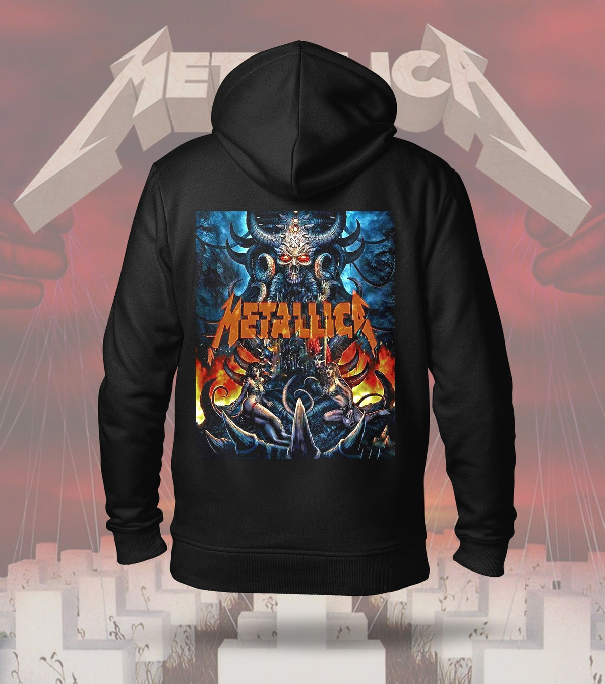 Metallica Inferno Demon Skull Graphic Hoodie – 300 GSM Heavyweight Cotton – Black back print
