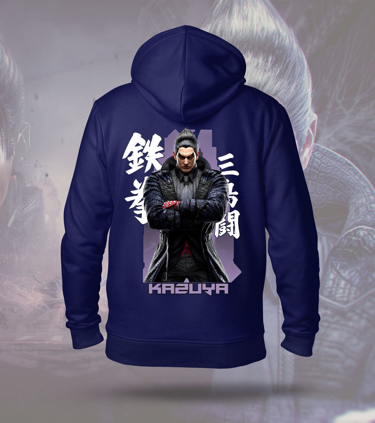 Tekken Purple Shadow hoodie back print, navy colour