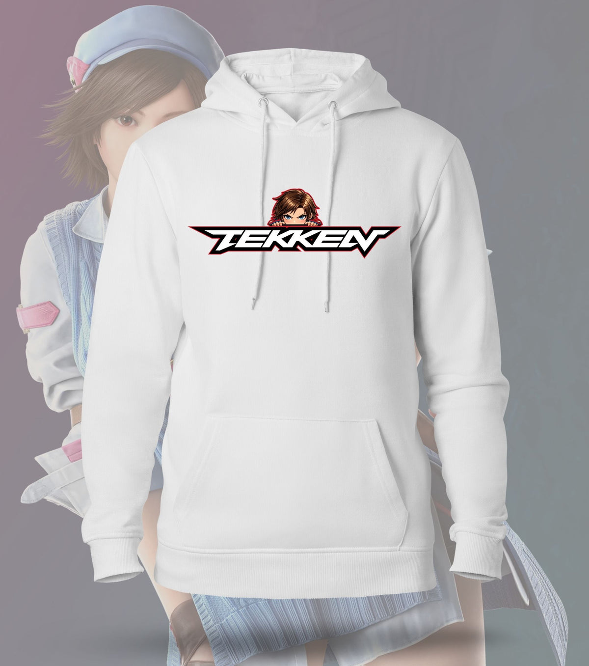 Tekken Duo Fighters hoodie front view, white colour