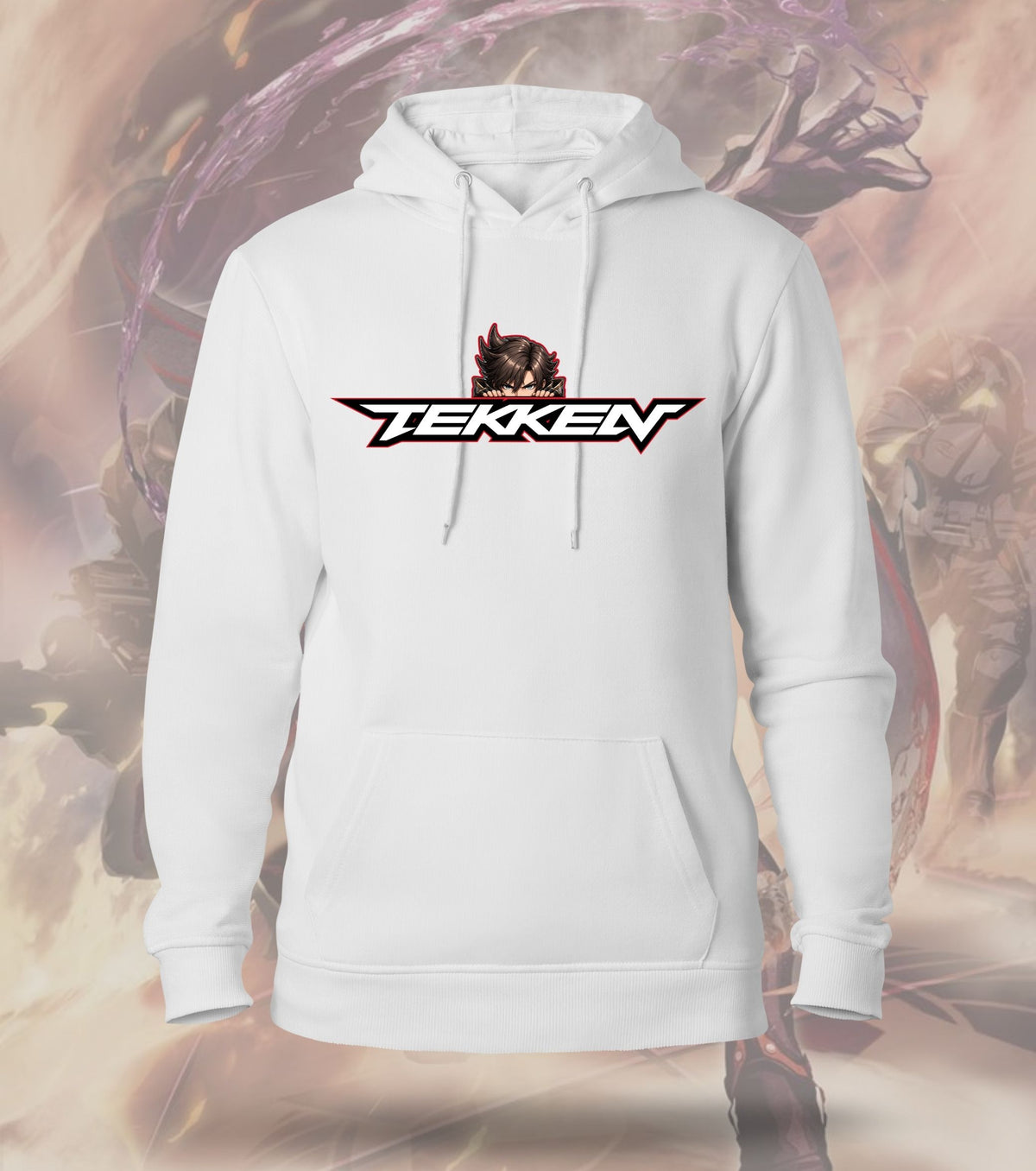 Tekken Red Strike hoodie front view, white colour