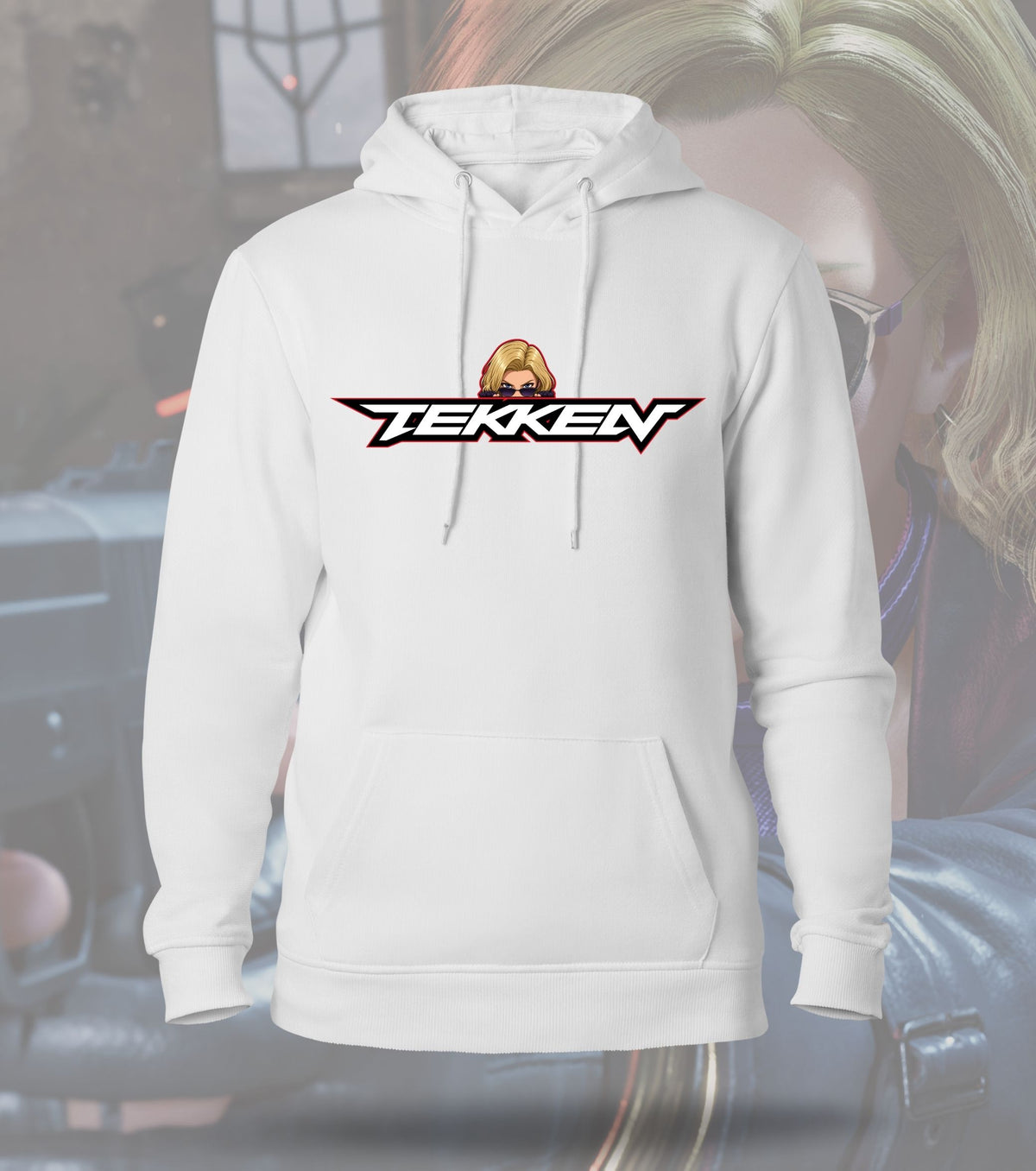 Tekken Crimson Clash hoodie front view, white colour